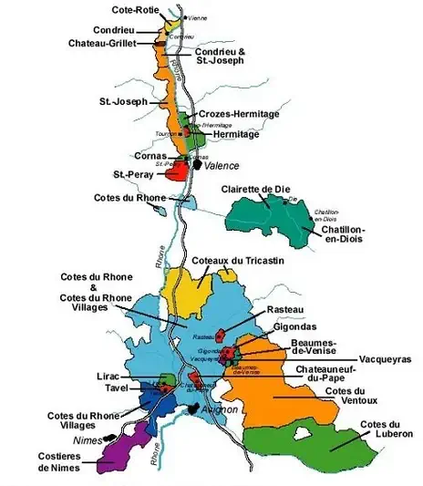 Carte des Vignobles de la Vallée du Rhône